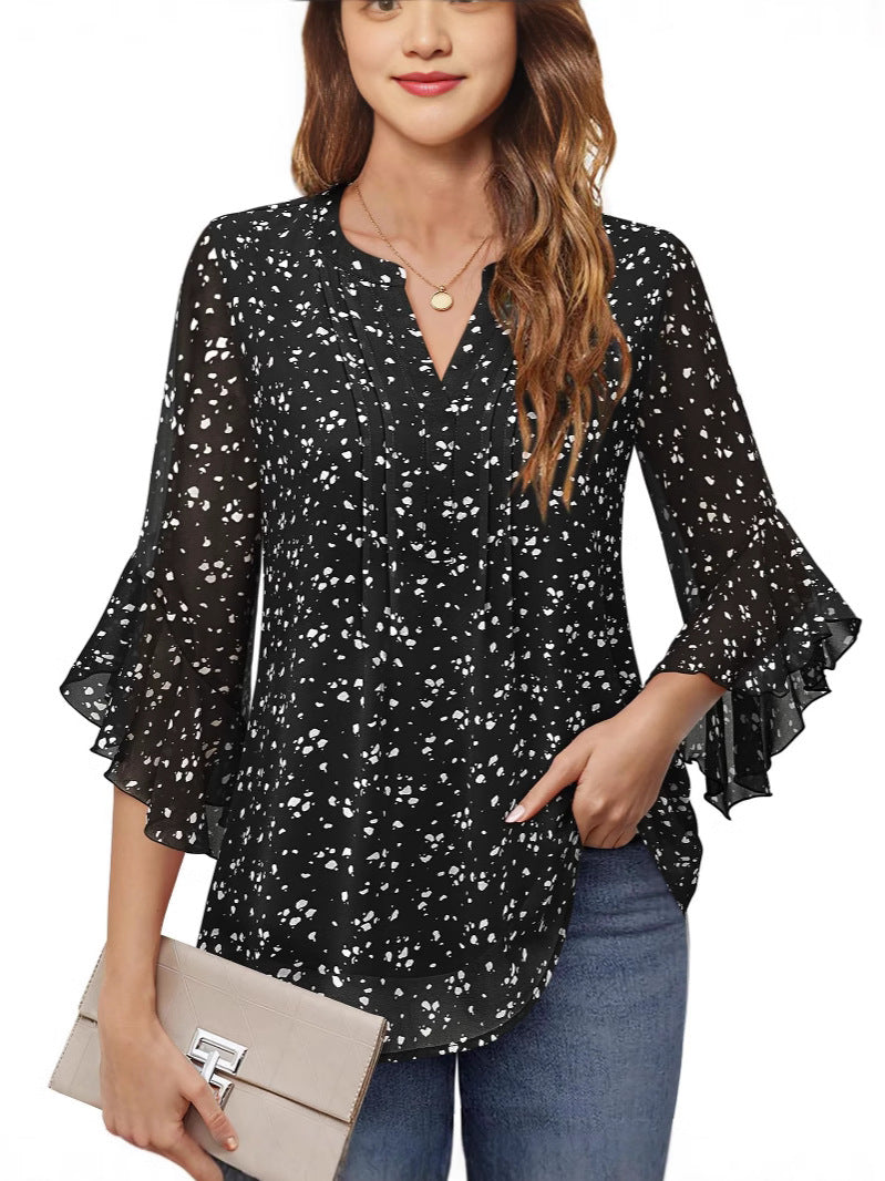 American Lotus Seven-Sleeve Black Floral Fashion Casual Loose V-Neck Business Shirt
