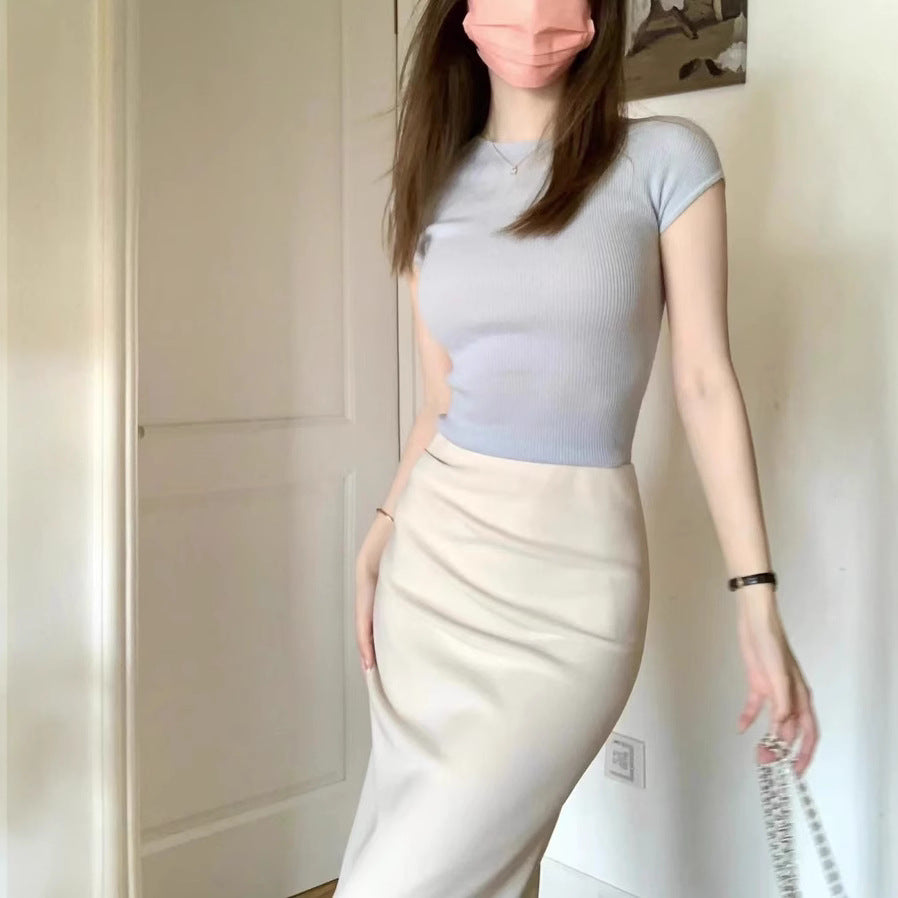 Bossy fashion salt style street-walking outfit that makes you look slim - blue top and half-length skirt two-piece set