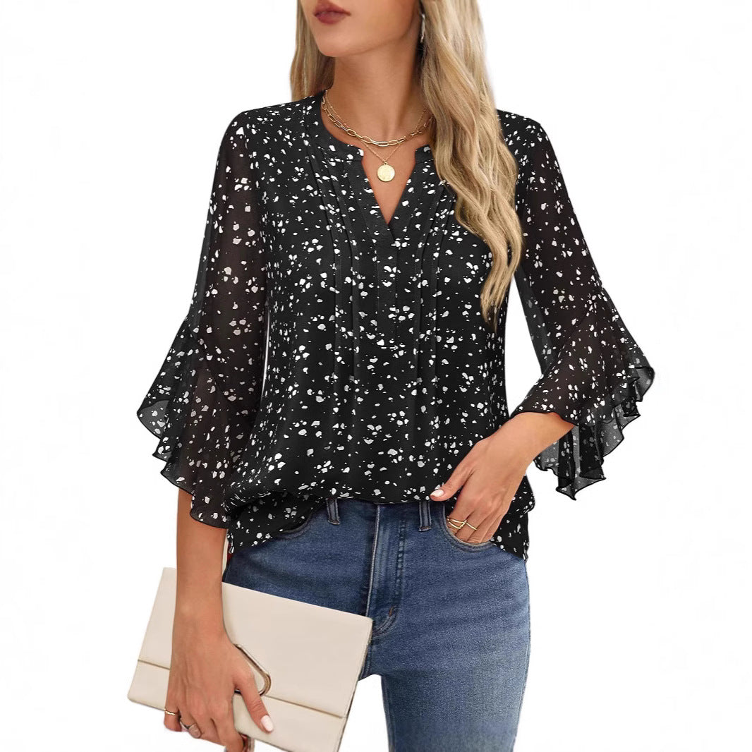 American Lotus Seven-Sleeve Black Floral Fashion Casual Loose V-Neck Business Shirt