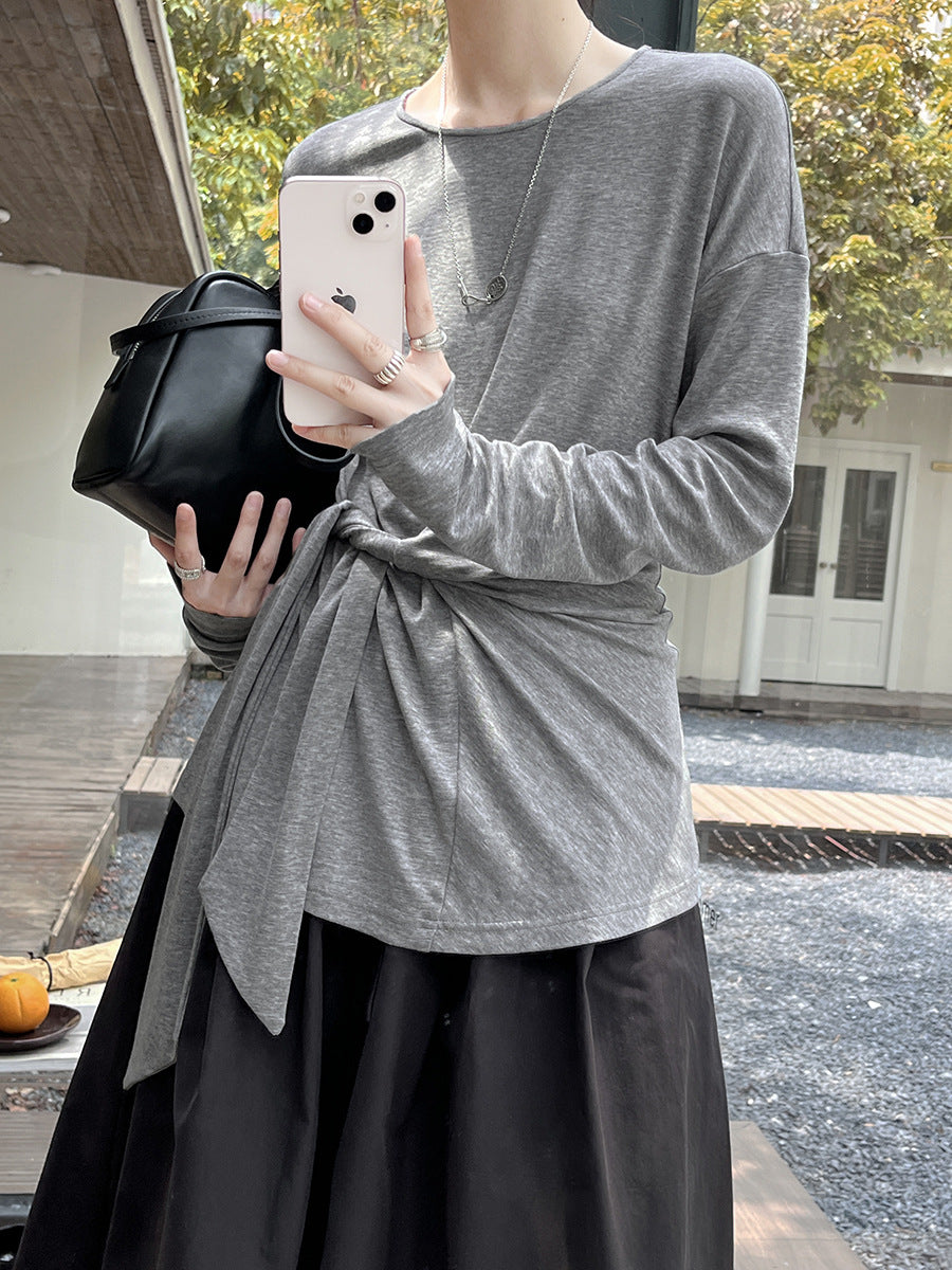 Fall new style French 97% Tencel irregular knot long-sleeved simple and versatile T-shirt for women