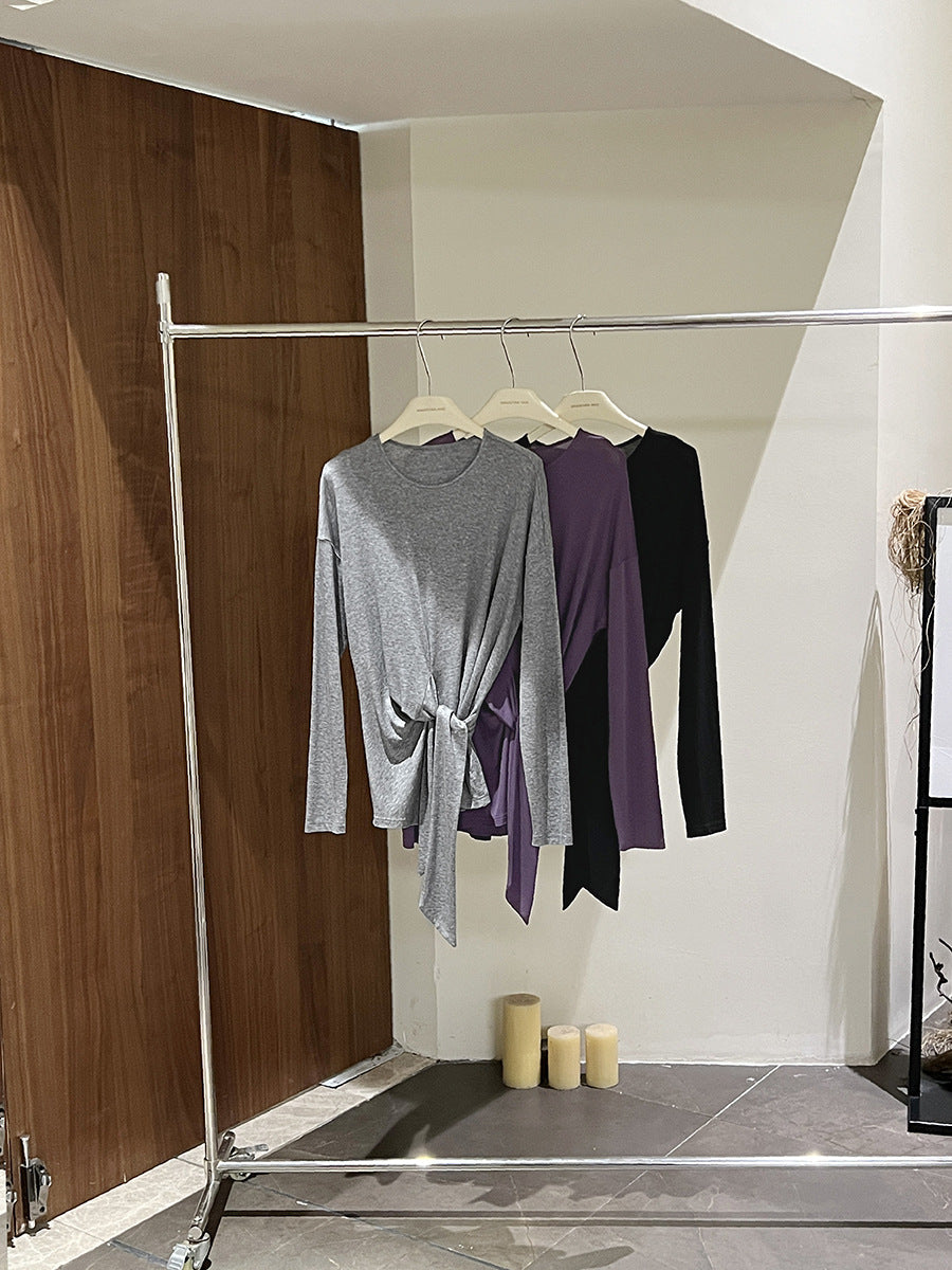 Fall new style French 97% Tencel irregular knot long-sleeved simple and versatile T-shirt for women