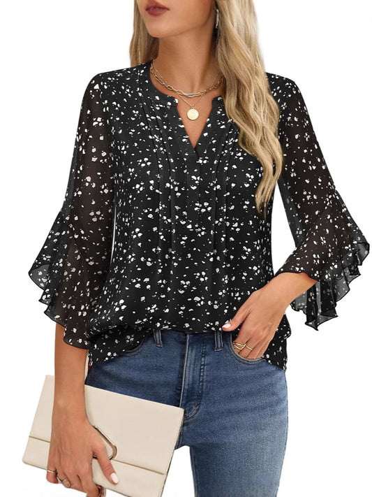 American Lotus Seven-Sleeve Black Floral Fashion Casual Loose V-Neck Business Shirt