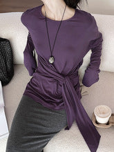 Fall new style French 97% Tencel irregular knot long-sleeved simple and versatile T-shirt for women