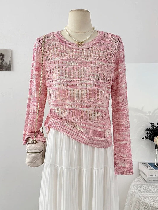 Dopamine girlish hollow color-block round-neck long-sleeved knitted sweater for women in autumn, new style, loose fit, youthful, women's clothing