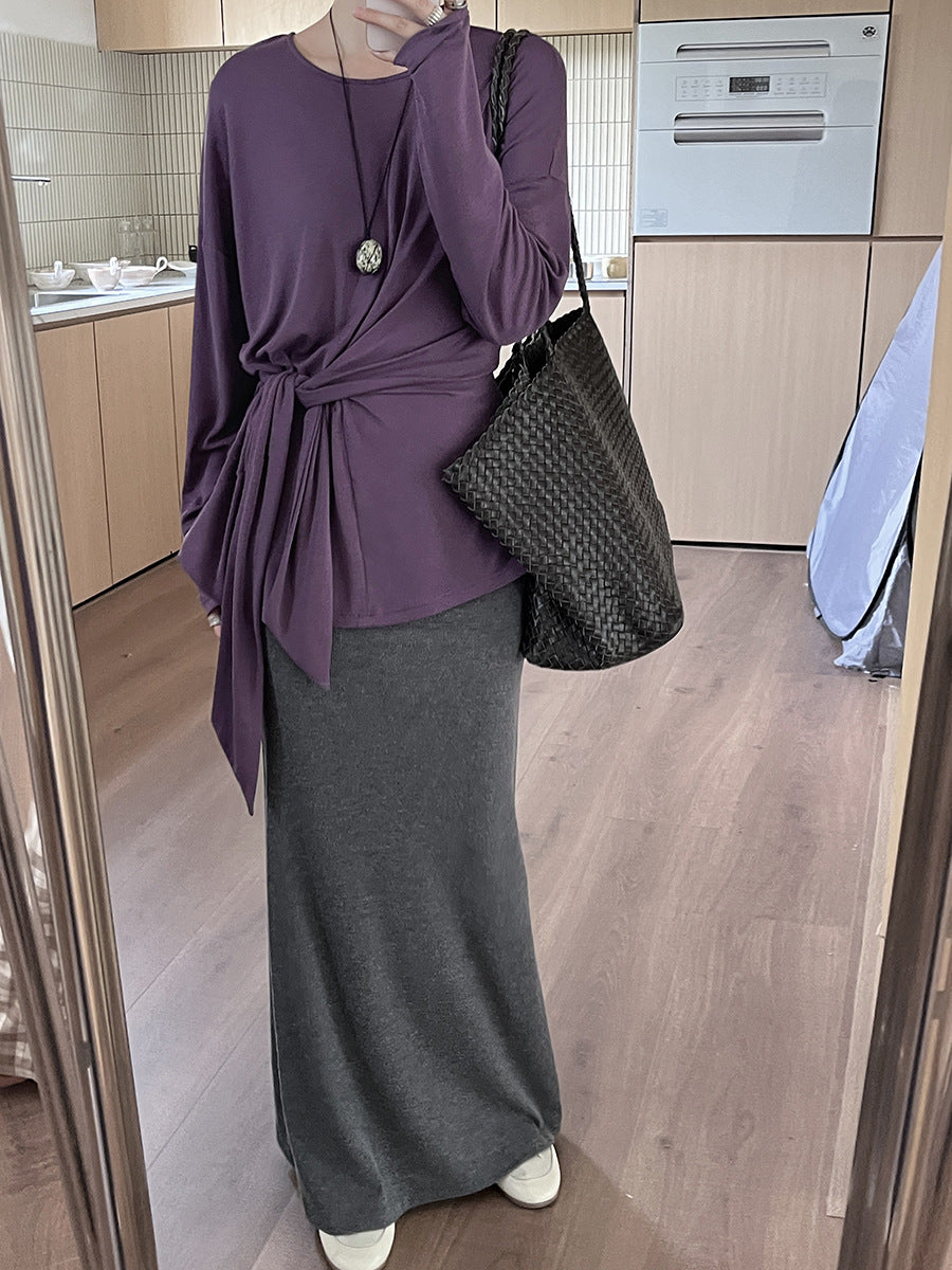 Fall new style French 97% Tencel irregular knot long-sleeved simple and versatile T-shirt for women